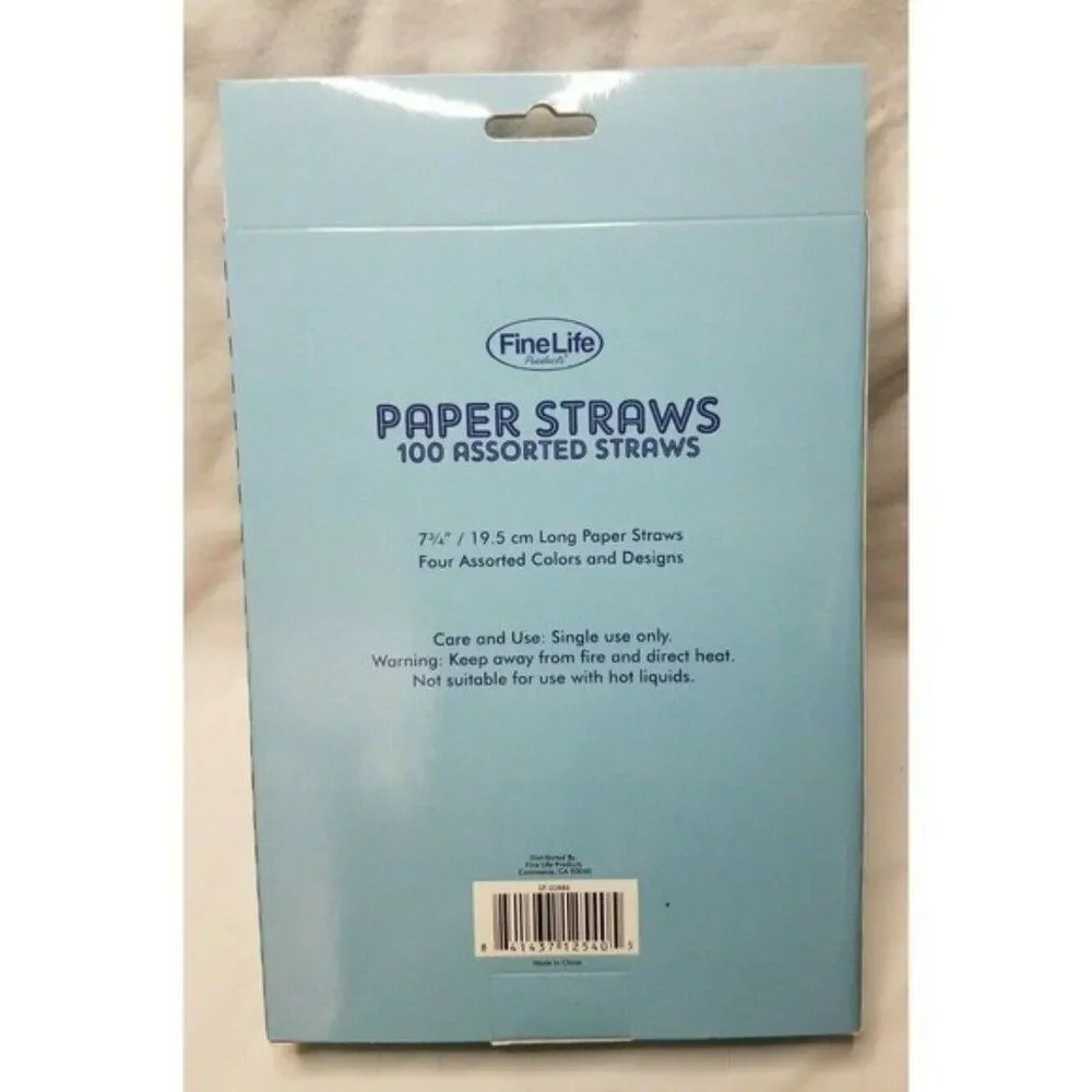 Fine Life Paper Drinking Straws 100 Count Assorted Colors Single Use 7 3/4